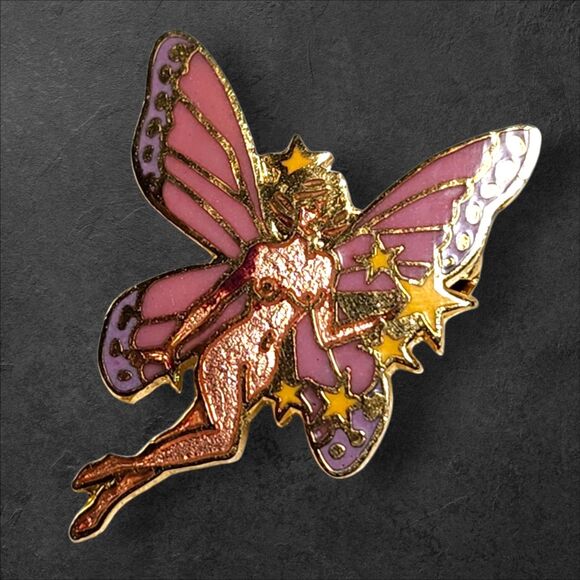 Vintage 1990s Gift Creations Nude Fairy Enamel Pin Pink Wings Stars Fantasy - Picture 2 of 5